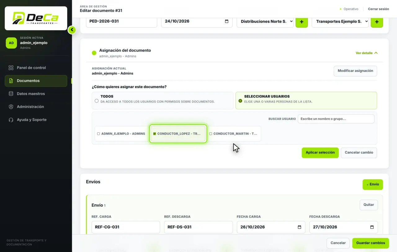 Asignar un DeCA a un conductor en DeCAtrans