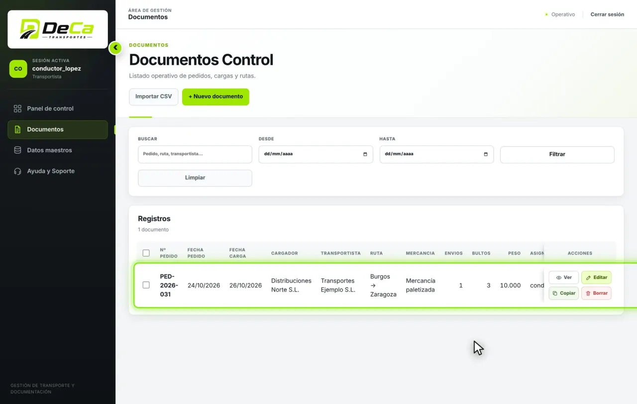 El conductor ve su viaje en el listado de documentos