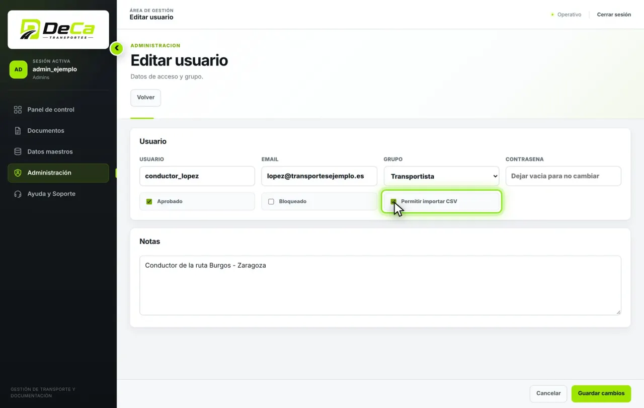 Ficha del conductor con el permiso de importar CSV